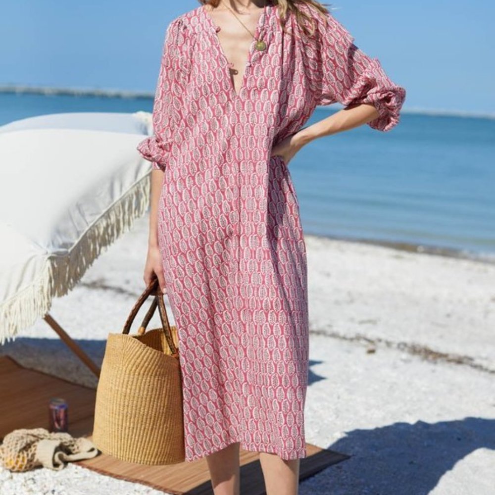 NEW EMERSON FRY Olympia Caftan Tie Dress Pink Rosey India Beach Coverup XS/S